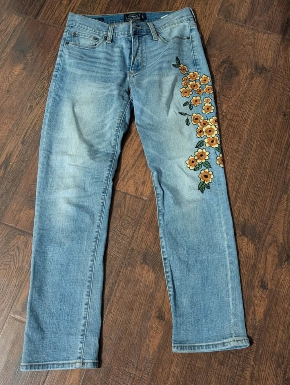 Lucky Brand Light Blue Straight Leg Jeans with Hand Embroidered Yellow Flowers